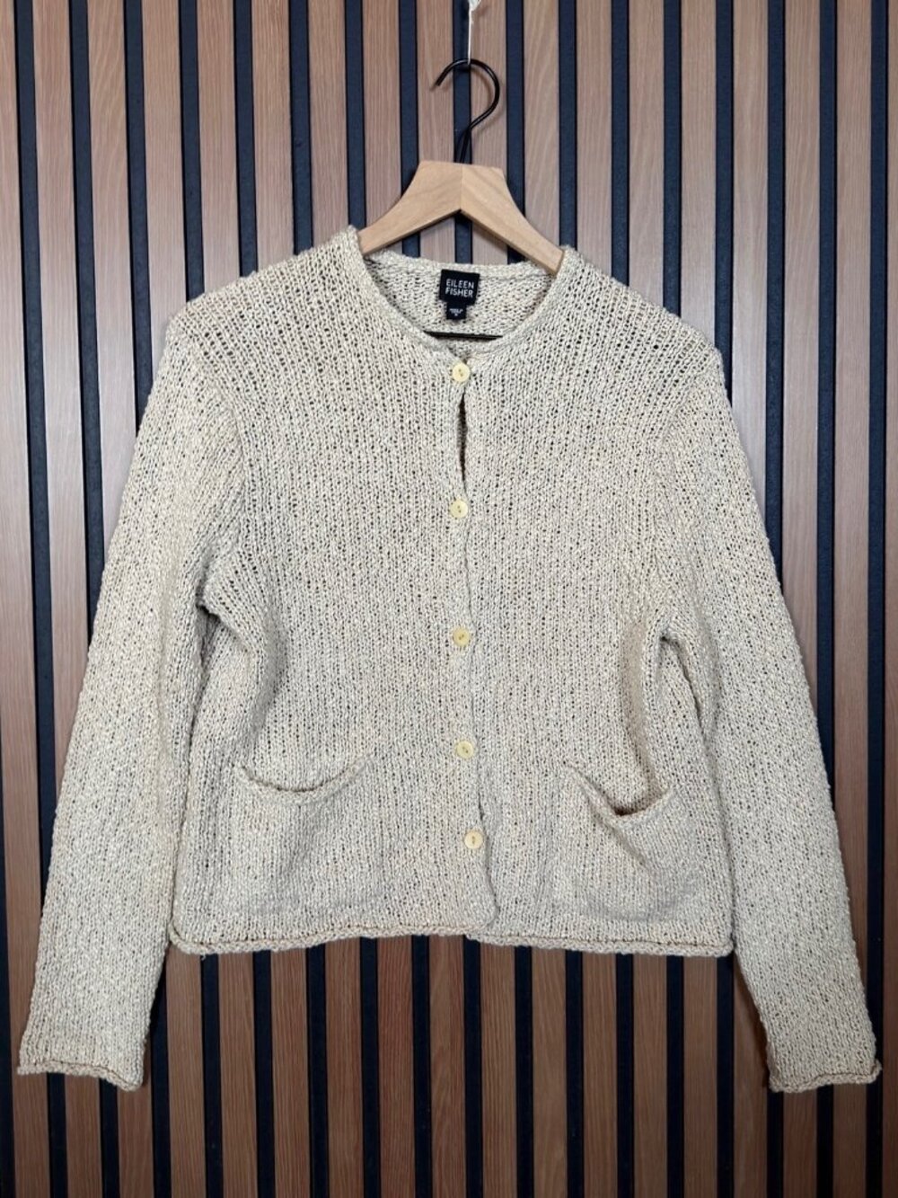 Eileen Fisher Sweater Small Womens Small Beige Cotton Silk Button Front Pockets